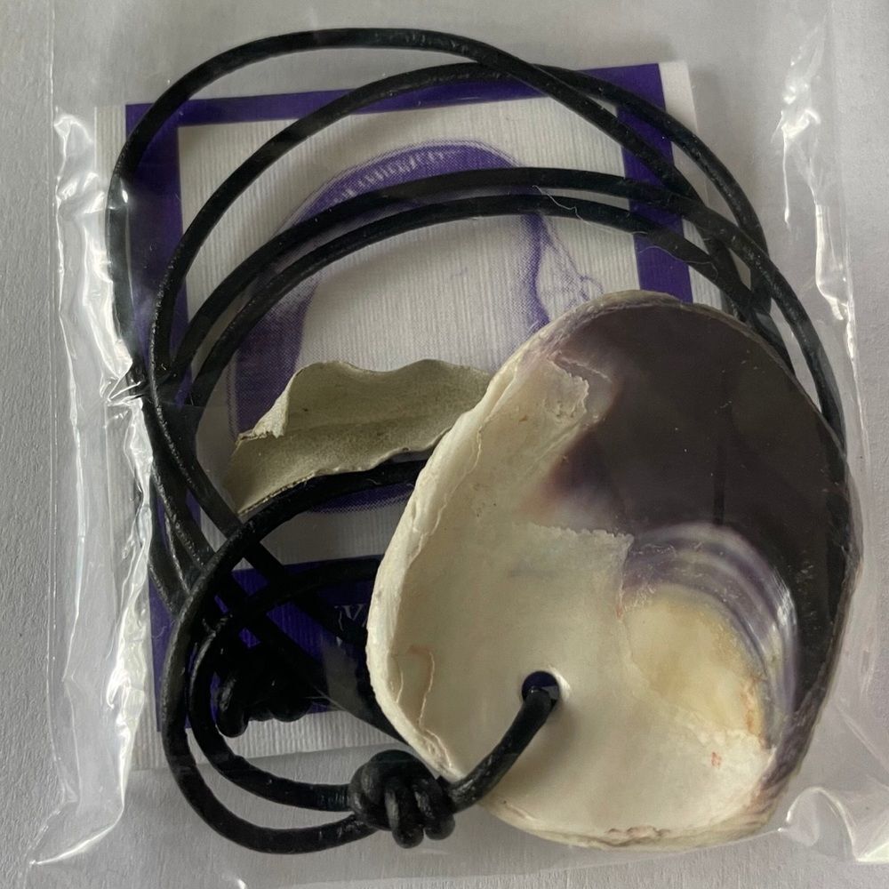 Wampum quahog purple shell black leather chord necklace with sage and storycard